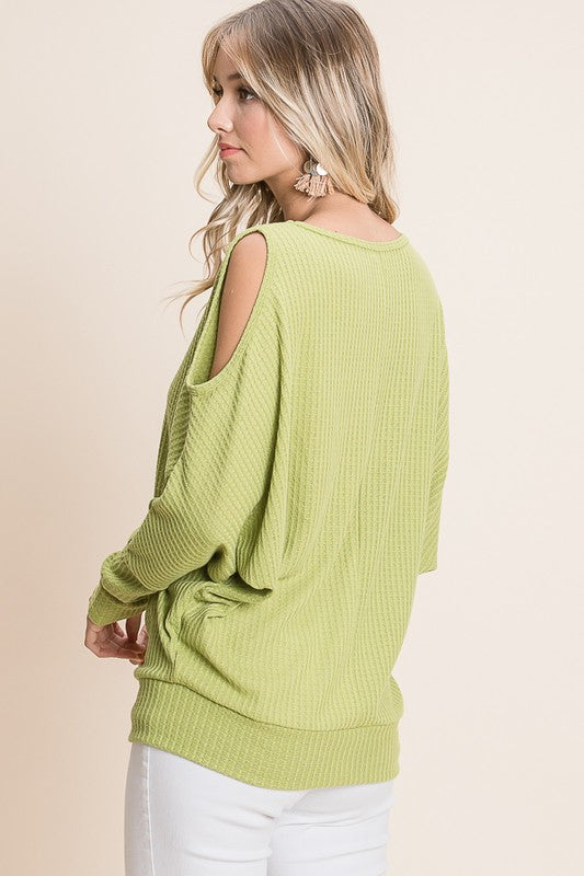 Kiwi Dolman Cold Shoulder Waffle Top - Kiwi