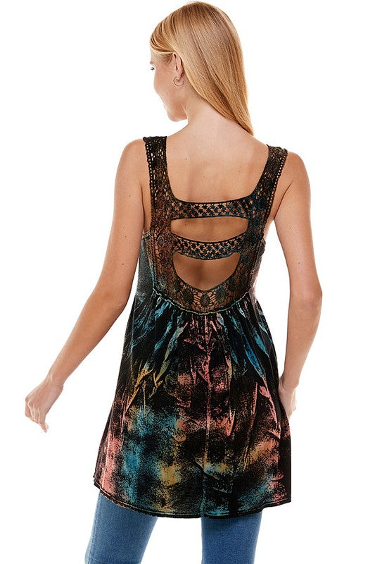T-Party Crochet Lace Cut Out Back Tunic Top - Black