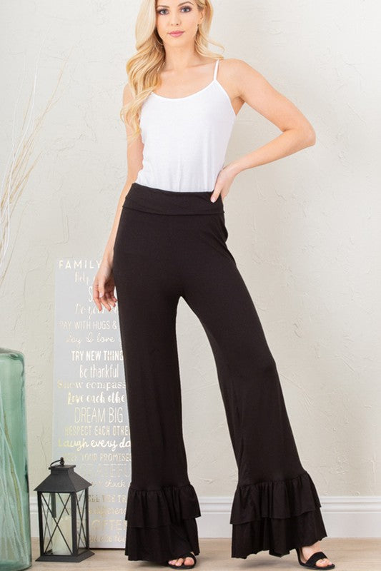 Double Ruffle Hem Soft Stretch Foldover Pants - Multiple Colors