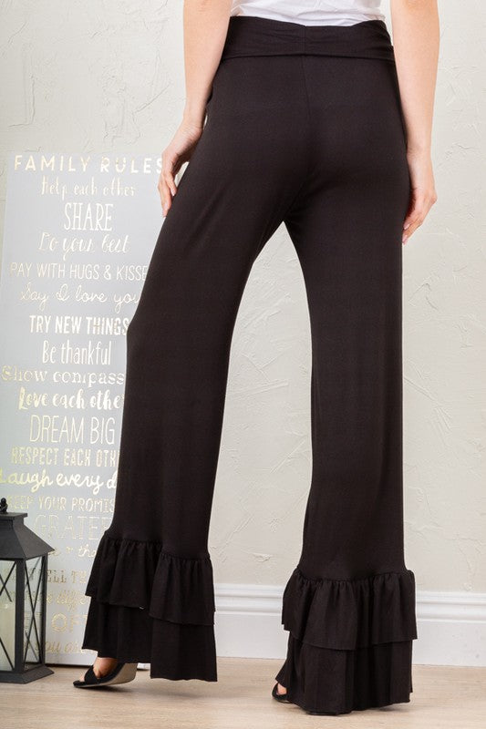 Double Ruffle Hem Soft Stretch Foldover Pants - Multiple Colors