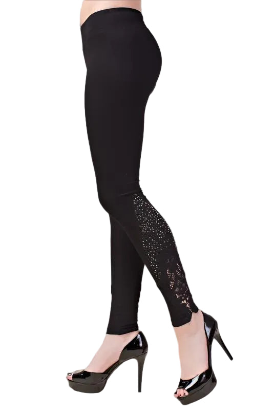 Vocal Floral Applique Rhinestone Leggings - Black