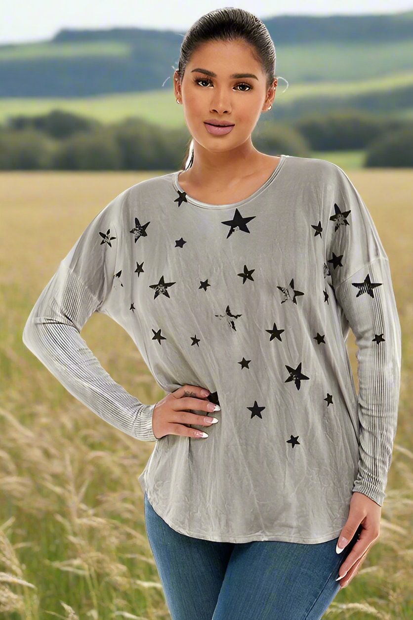 T-Party Stars Long Sleeve Top Ribbed Sleeves - Grey