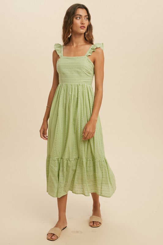 In Loom Eyelet Midi Dress - Green Tea
