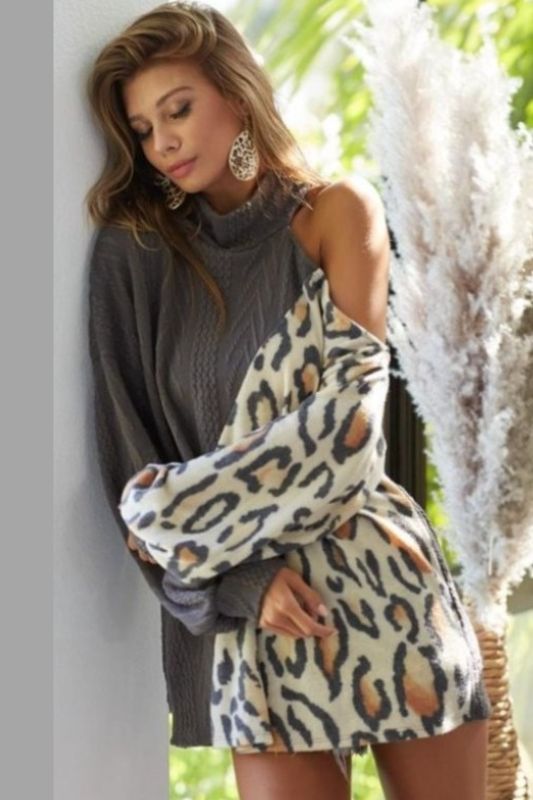 Bibi Leopard Cold Shoulder Top - Charcoal