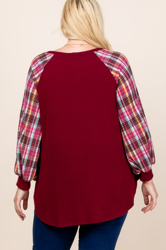 Boutique Plaid Puff Sleeve Plus Top - Burgundy