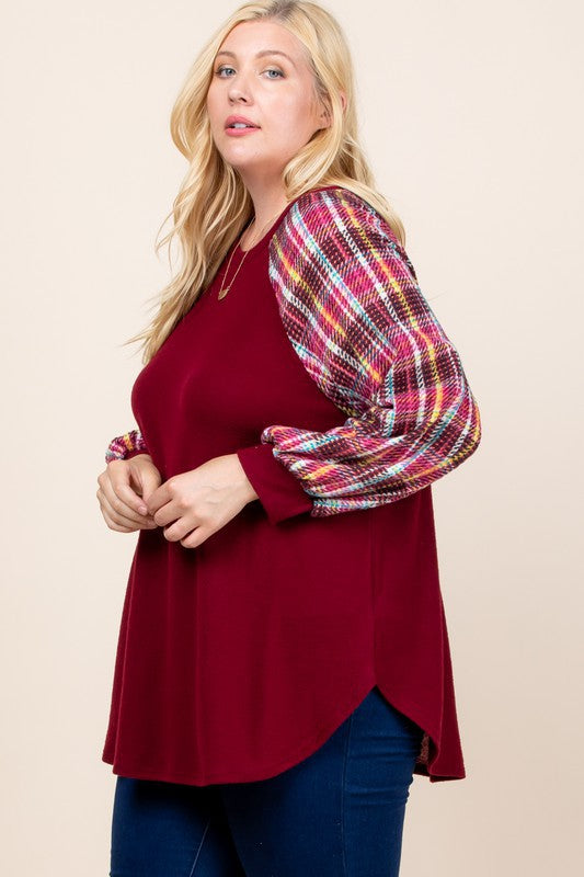 Boutique Plaid Puff Sleeve Plus Top - Burgundy