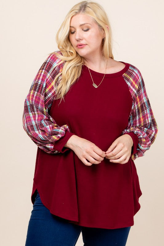 Boutique Plaid Puff Sleeve Plus Top - Burgundy