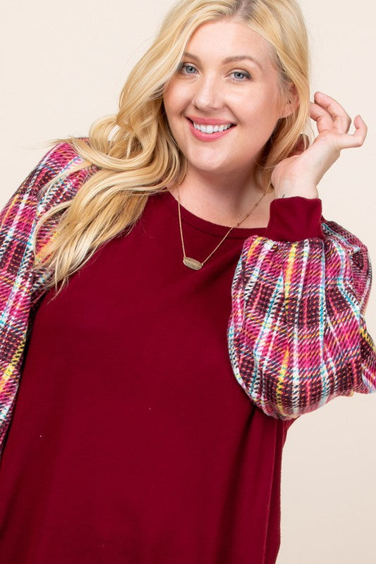 Boutique Plaid Puff Sleeve Plus Top - Burgundy