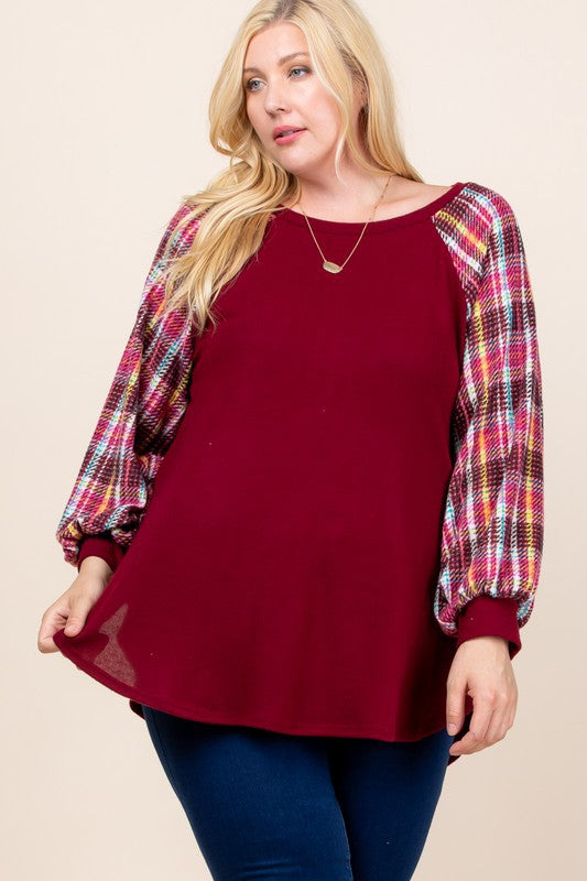 Boutique Plaid Puff Sleeve Plus Top - Burgundy