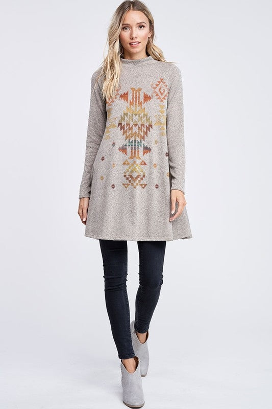 Aztec Mock Neck Mini Tunic Dress - Khaki