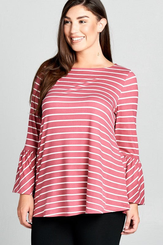 Striped Bell Sleeve Plus Blouse - Mauve