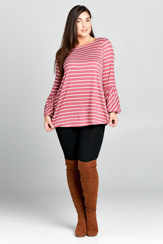 Striped Bell Sleeve Plus Blouse - Mauve