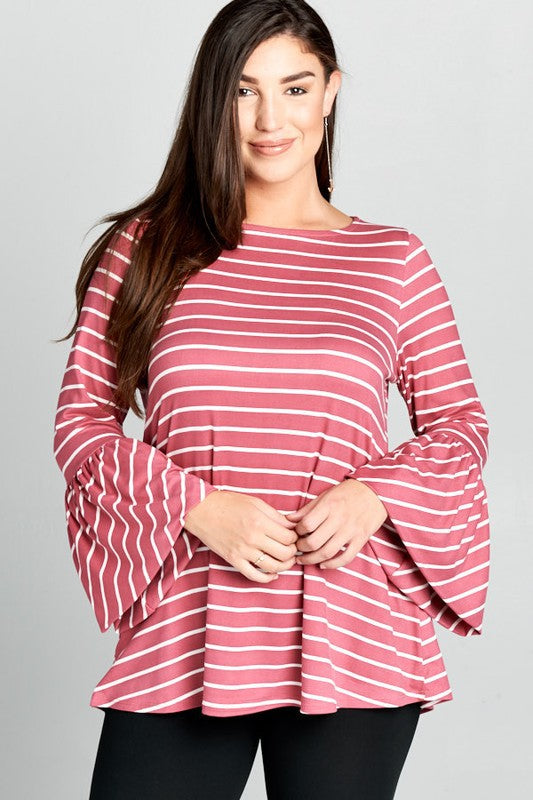 Striped Bell Sleeve Plus Blouse - Mauve