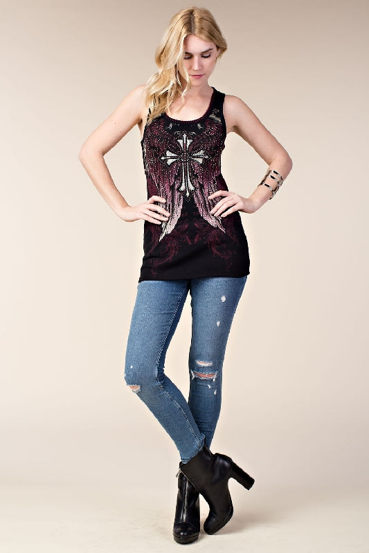Vocal Rhinestones Whipstitch Angel Wings Tank Top - Black/Burgundy