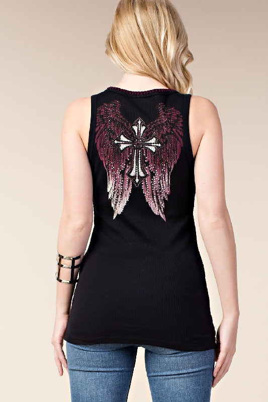 Vocal Rhinestones Whipstitch Angel Wings Tank Top - Black/Burgundy