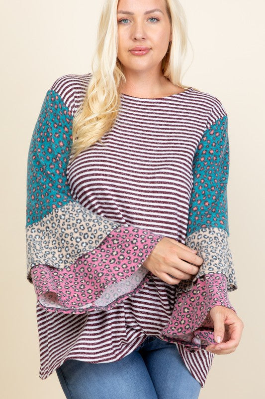 Tiered Striped Colorblock Plus Top - Burgundy