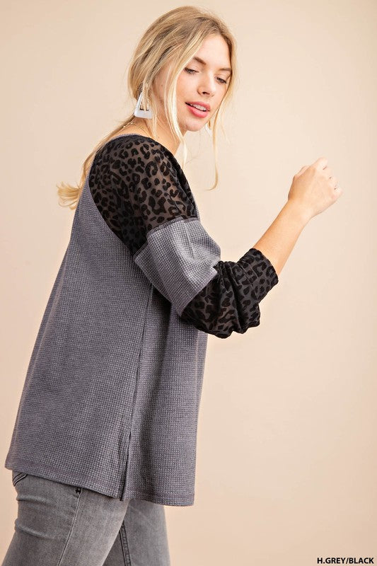 Kori Thermal Mesh Animal Fuzz Print Top - Heather Gray Black
