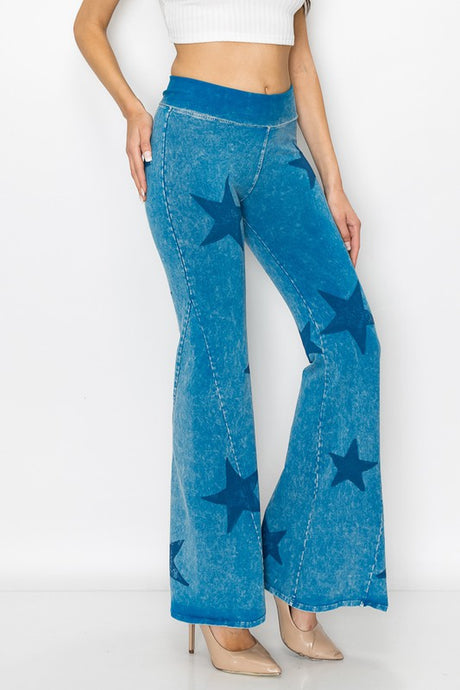 T-Party Foldover Yoga Star Print Pants - Blue