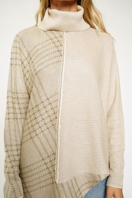 Mystree Colorblock Turtleneck Asymmetrical Tunic - Almond