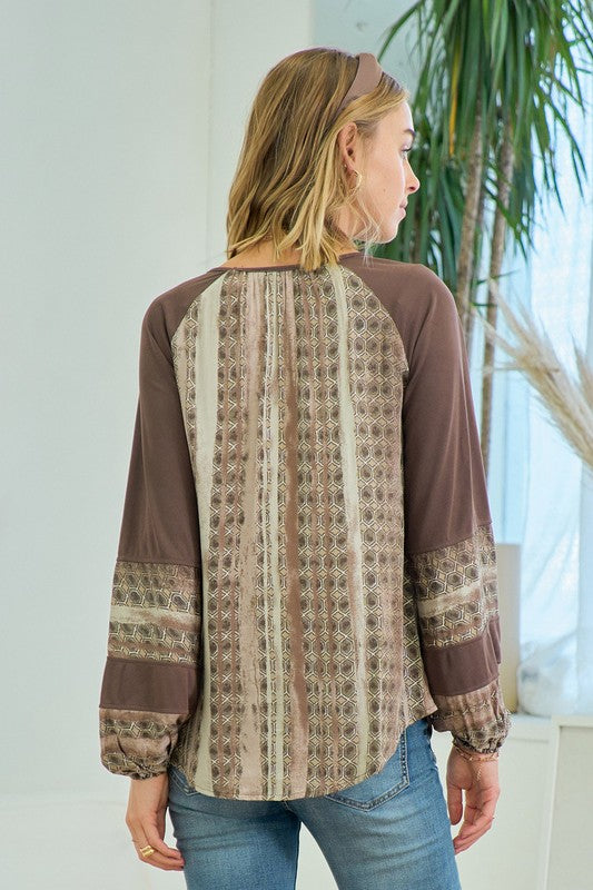 Doe & Rae Print Contrast Top - Cocoa