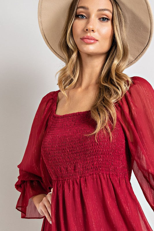 Eesome Square Neck Smocked Mini Dress - Wine