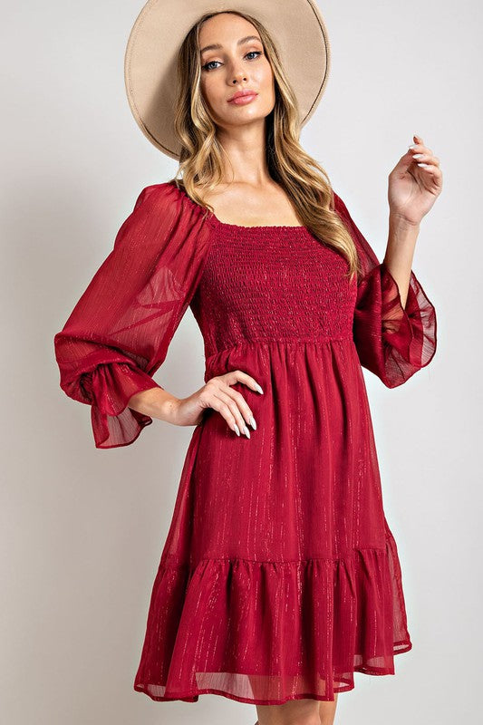 Eesome Square Neck Smocked Mini Dress - Wine