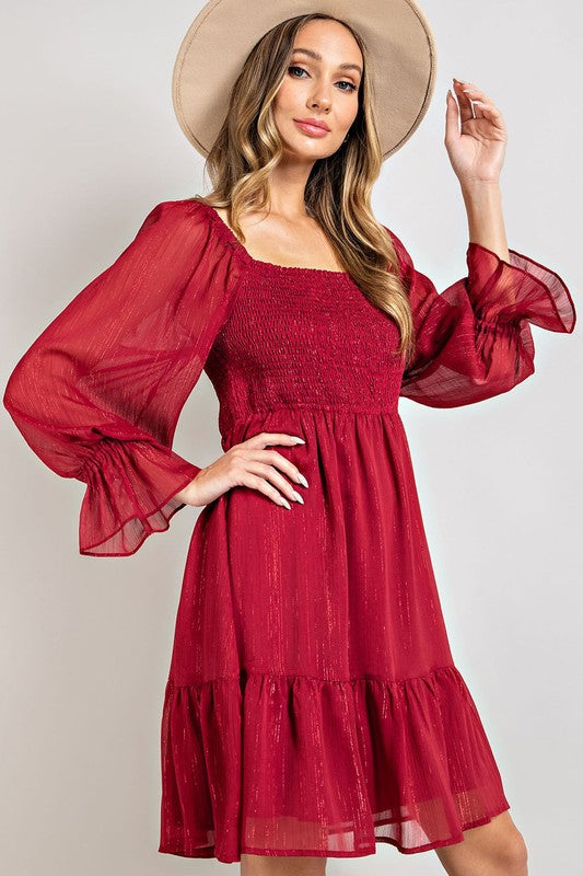 Eesome Square Neck Smocked Mini Dress - Wine
