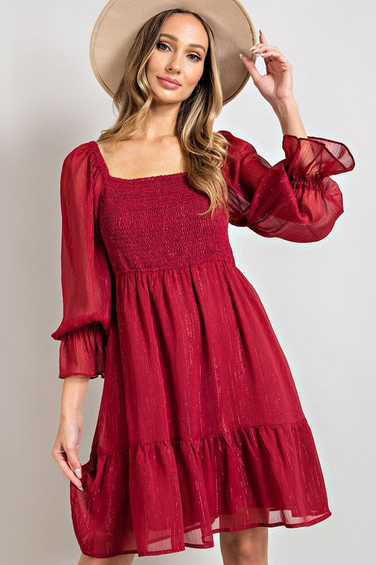 Eesome Florence Smocked Mini Dress - Wine