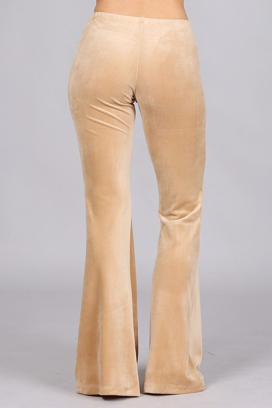 Chatoyant Stretchy Velour Bell Bottom Pants - Beige