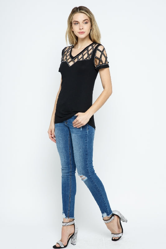 Vocal Cut Out Neckline Silver Studs Top - Black