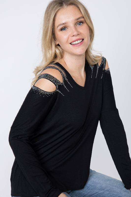 Vocal Cut Out Shoulder Rhinestones Top - Black