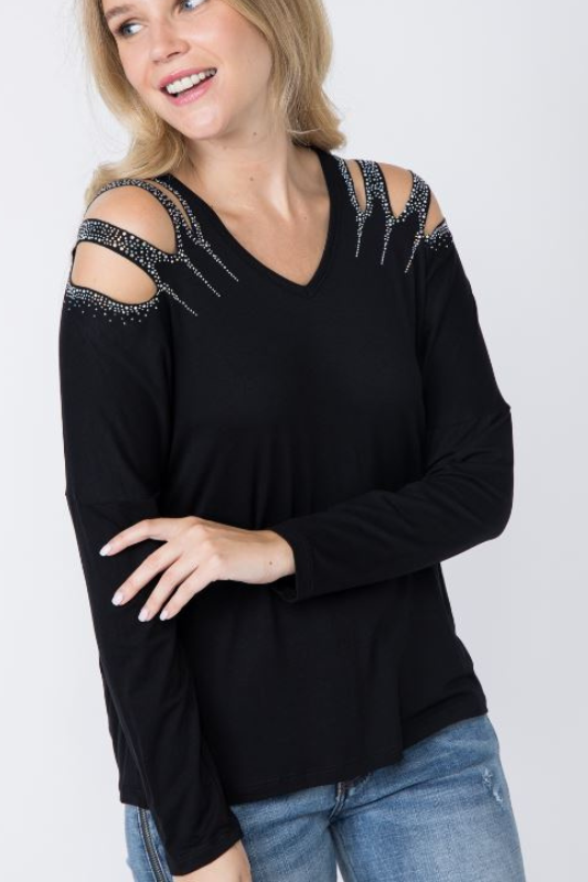 Vocal Cut Out Shoulder Rhinestones Top - Black