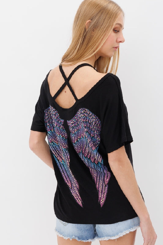 Vocal Criss Cross Top with Bling Rhinestone Wings - Black