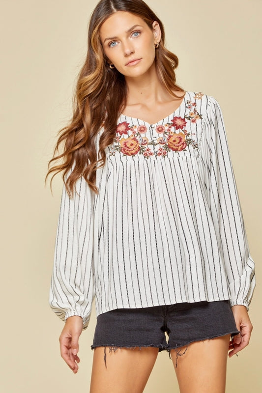 Savanna Jane Embroidered Stripe Blouse - Ivory