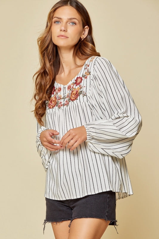 Savanna Jane Embroidered Stripe Blouse - Ivory