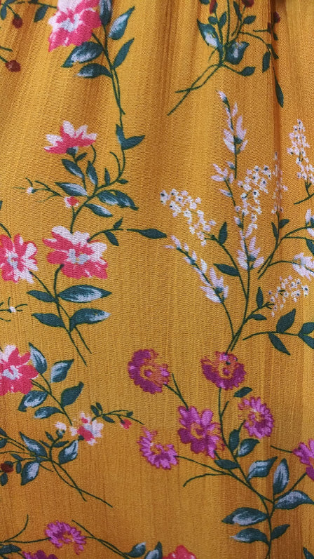 Floral Print Open Shoulder Smocked Dress - Mustard