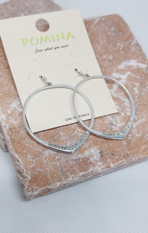 Matte Silver Oval Rhinestone Accent Earrings