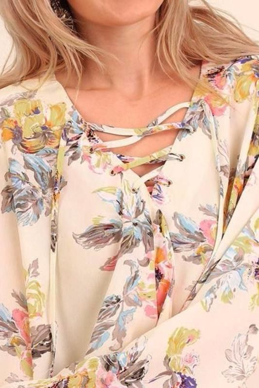 Umgee Floral Lace Up Blouse - Cream