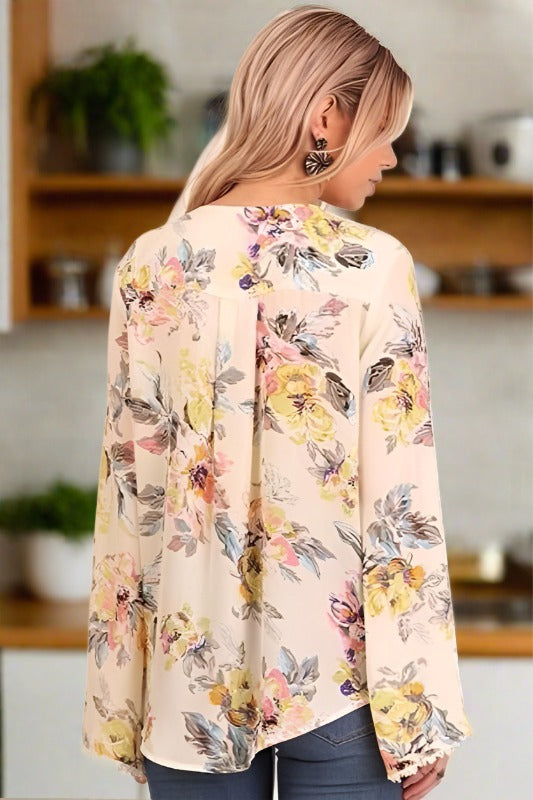 Umgee Floral Lace Up Blouse - Cream