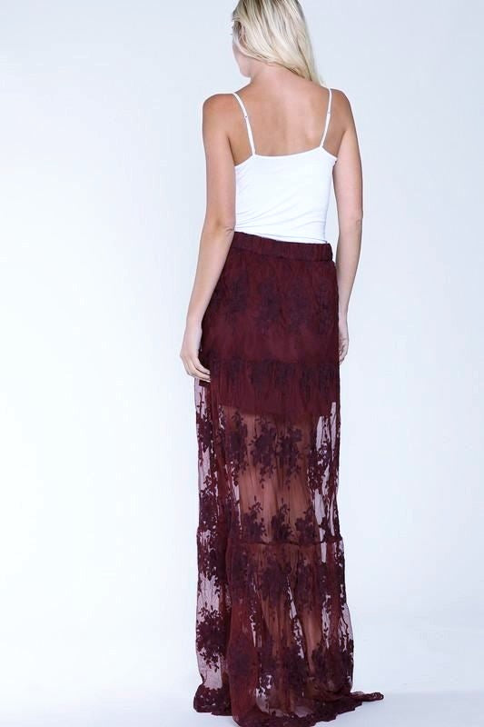 Embroidered Mesh Lace Maxi Mini Skirt - Burgundy