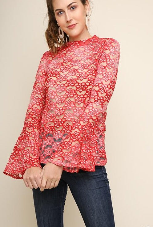 Umgee Retro Vintage Sheer Lace Top - Red Pink