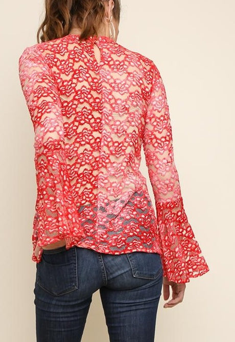 Umgee Retro Vintage Sheer Lace Top - Red Pink