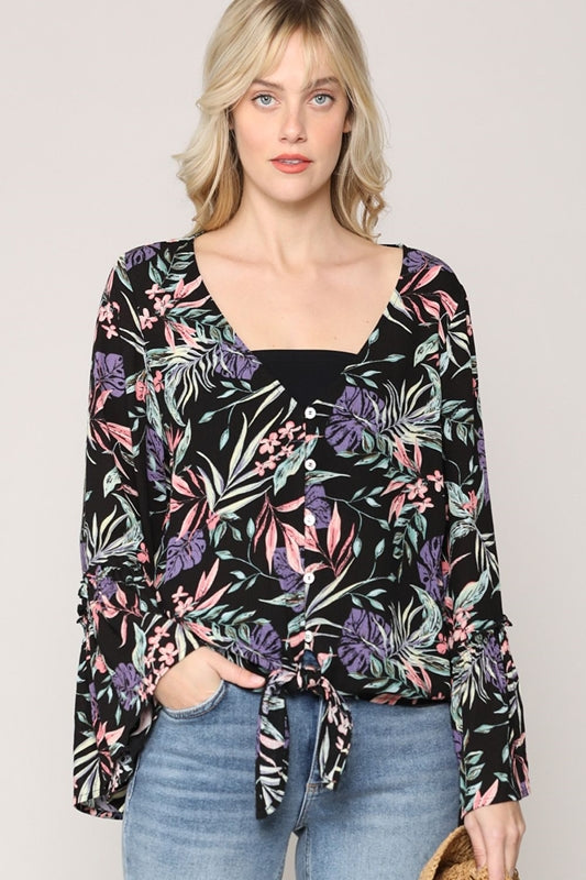 Kyemi Tropical Paradise Bell Sleeve Knot Waist Top - Black
