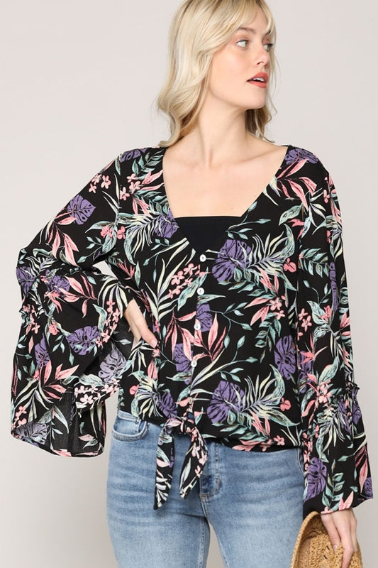 Kyemi Tropical Paradise Bell Sleeve Knot Waist Top - Black