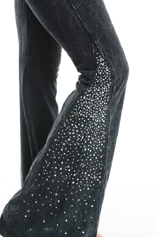 T-Party Crystal Rhinestones Mineral Wash Yoga Pants - Black