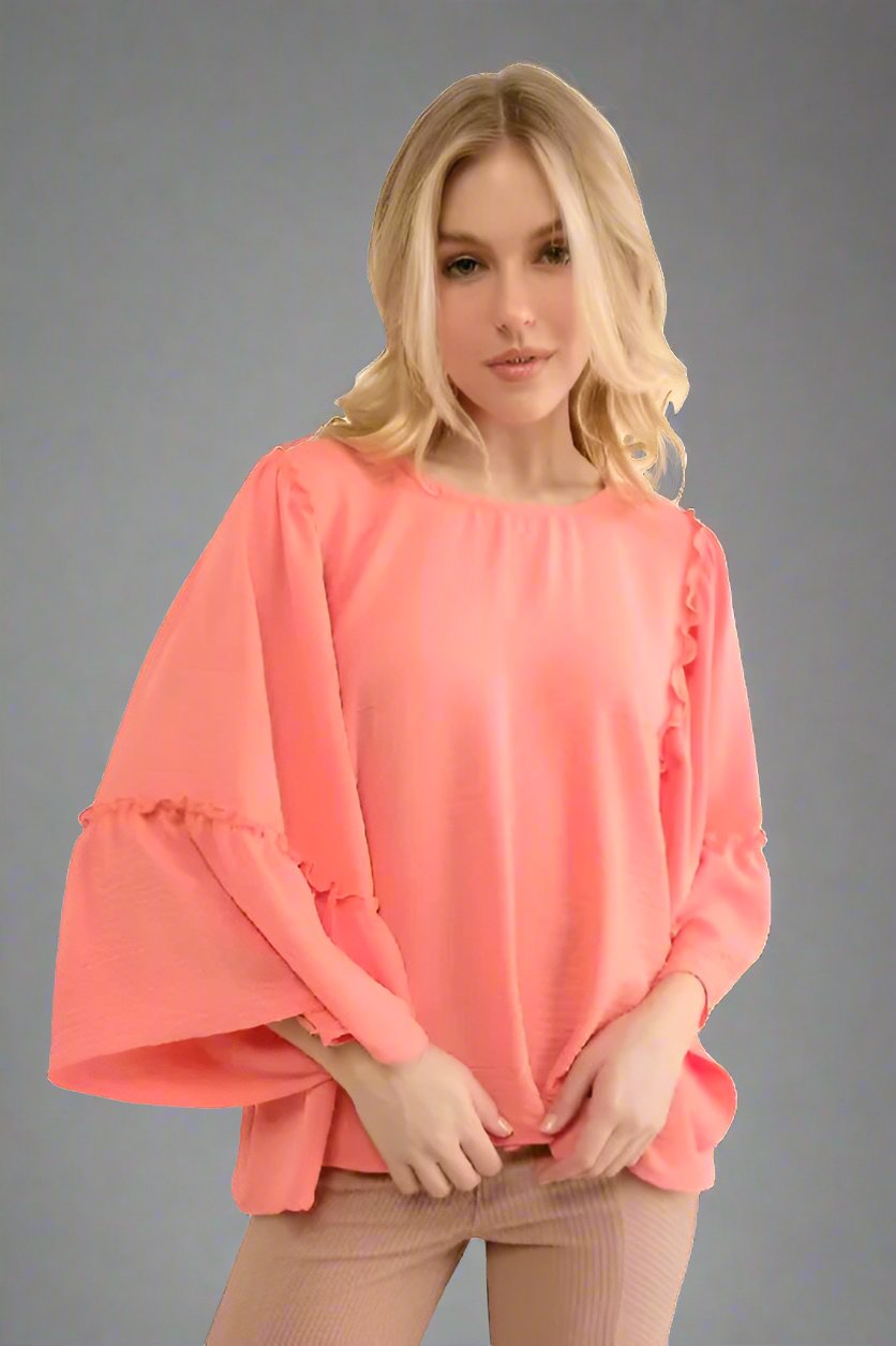 143 Story Ruffle Flare Sleeves Top - Orange