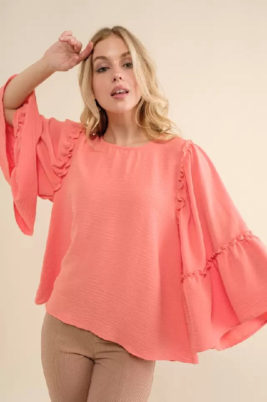 143 Story Ruffle Flare Sleeves Top - Orange