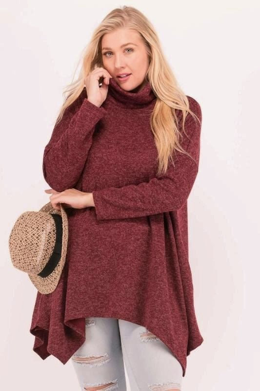 Janette Plus Sharkbite Turtleneck Tunic - Burgundy