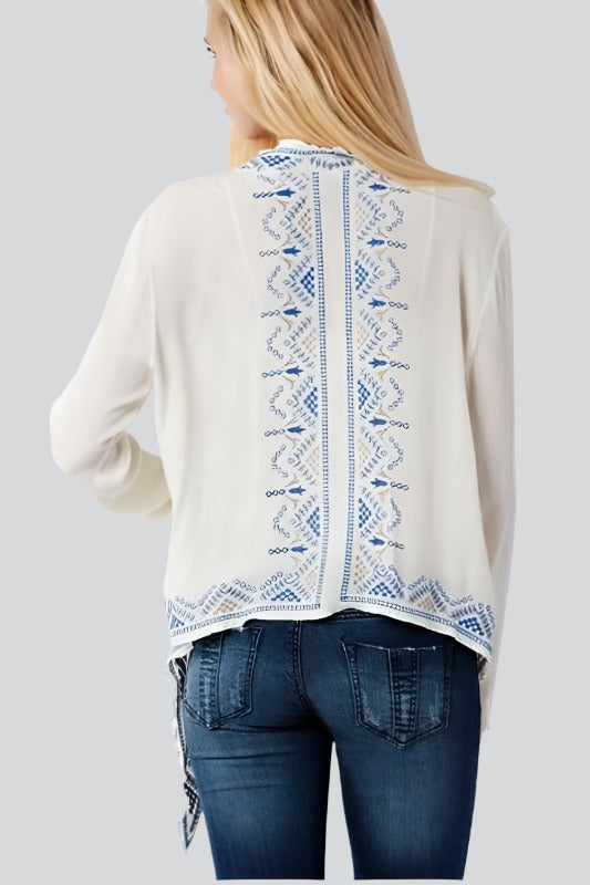 Entro Embroidered Front Drape Cardigan - Cream