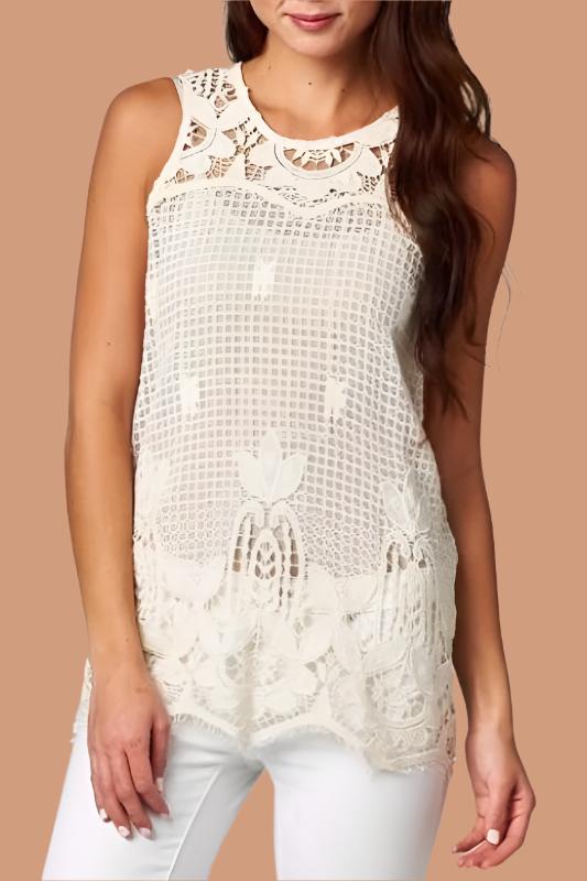 Love Stitch Sheer Floral Crochet Tank Top - Natural